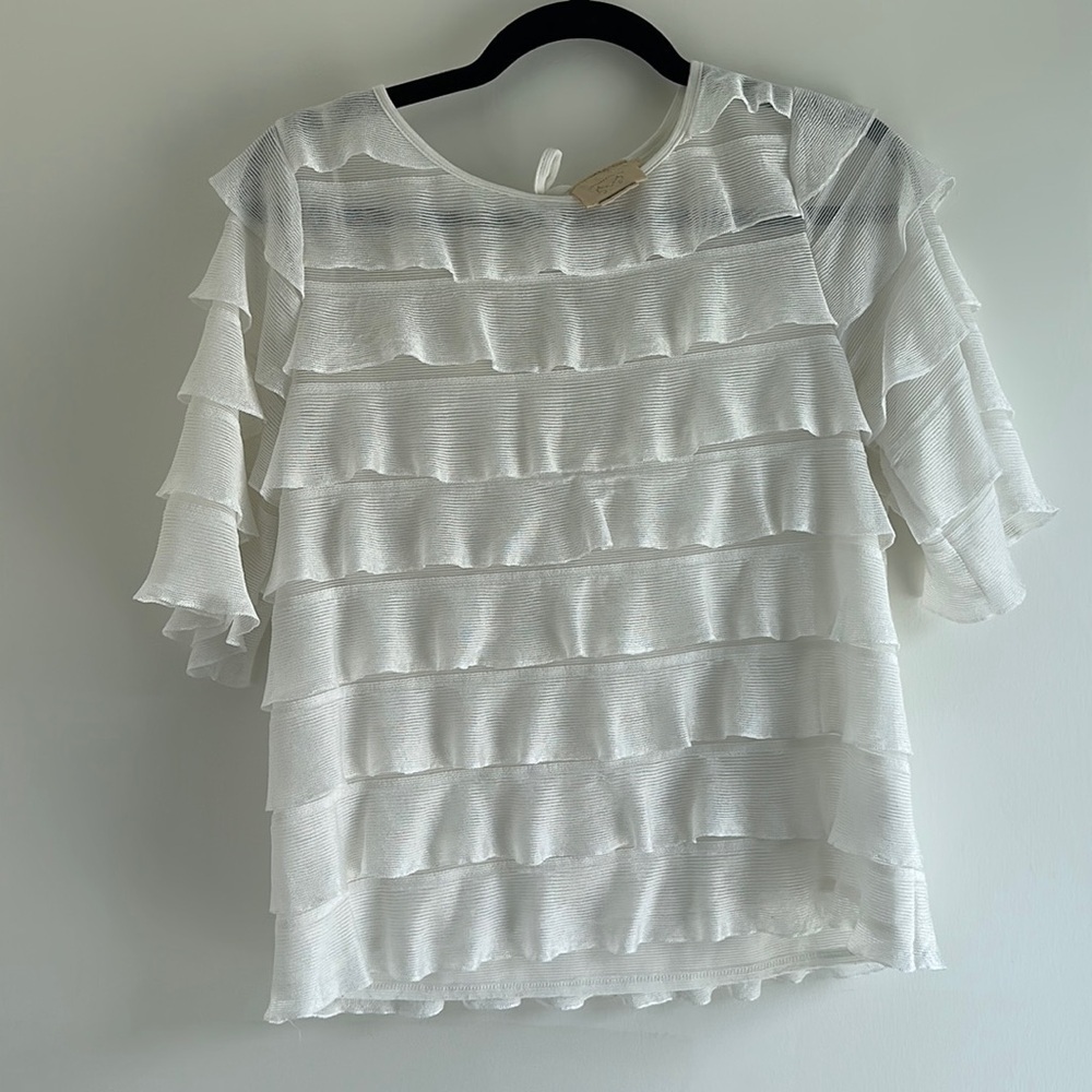 VANESSA VIRGINIA | Sheer White Short Sleeve Top with Ruffles Layers